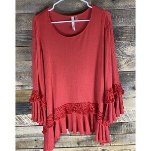 NY Collection Womens Sz XL Red Ruffle Lace Hi Lo Hem Long Sleeve Top